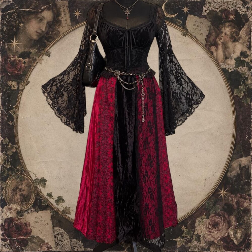 Vintage Gothic Choices Red & Black Patchwork Maxi Skirt L
